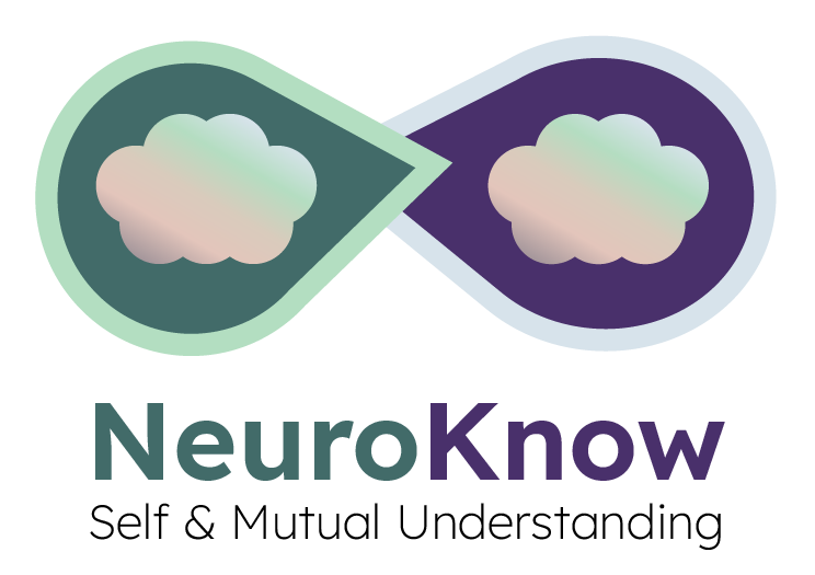 Subdued colourful logo two speech bubbles connected. Bubbles contain thought or brain shapes. Neuro Know: self and mutual understanding.